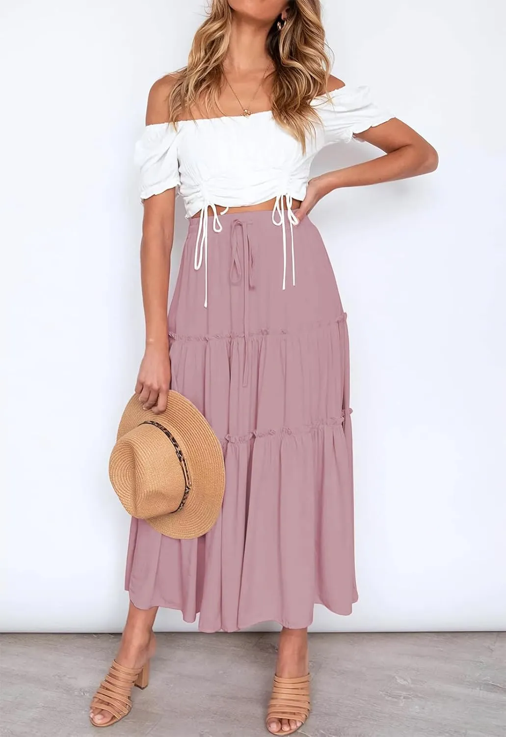 Women's Boho Elastic High Waisted Maxi Skirt Casual A Line Flowy Ruffle Beach Long Skirts