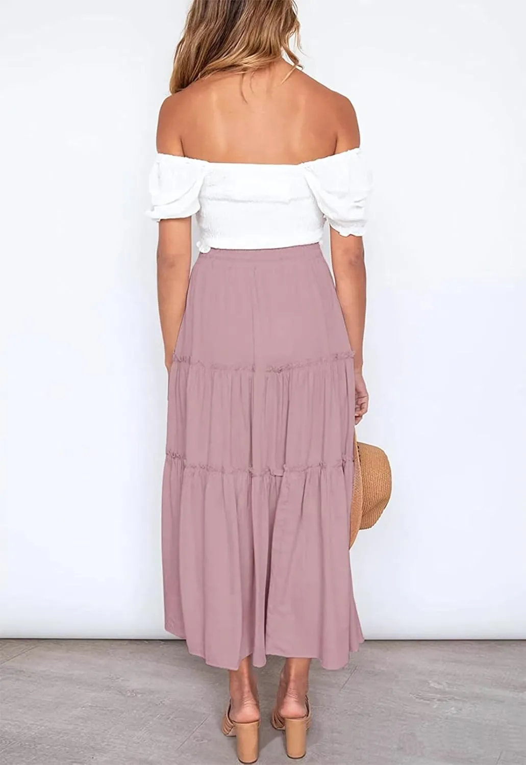 Women's Boho Elastic High Waisted Maxi Skirt Casual A Line Flowy Ruffle Beach Long Skirts