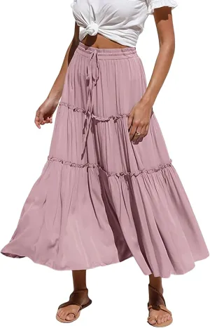 Women's Boho Elastic High Waisted Maxi Skirt Casual A Line Flowy Ruffle Beach Long Skirts