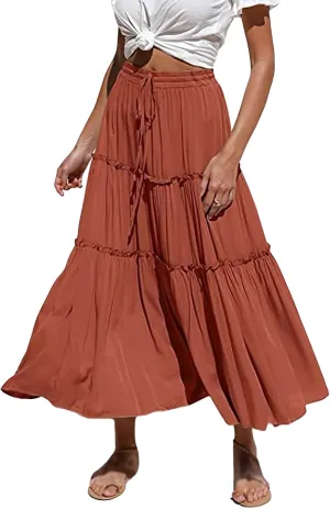 Women's Boho Elastic High Waisted Maxi Skirt Casual A Line Flowy Ruffle Beach Long Skirts