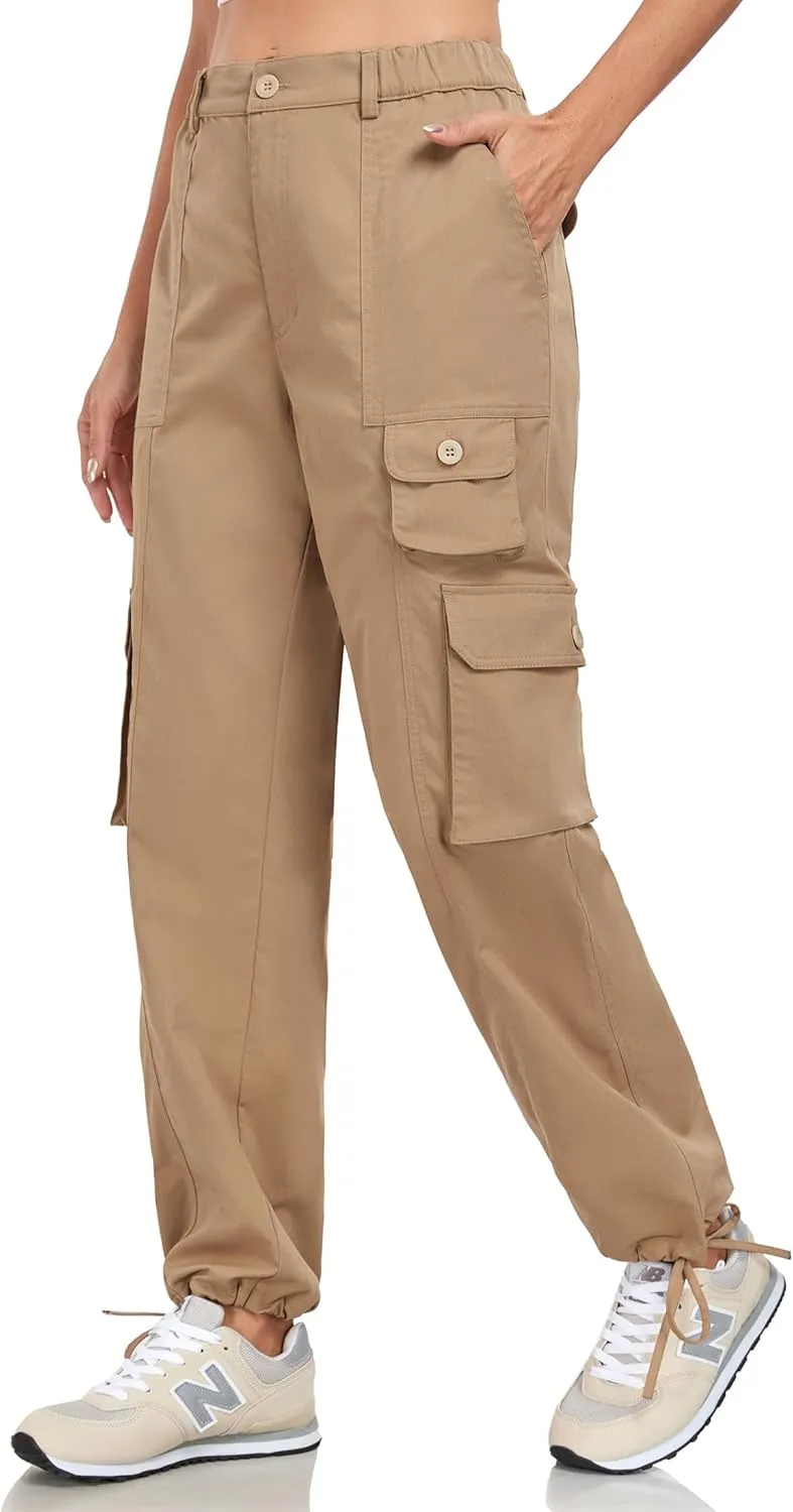 Women's Cargo Work Pants Elastic Waist Straight Leg Casual Travel Hiking Pants Loose Cotton Military Pants 7 Pockets