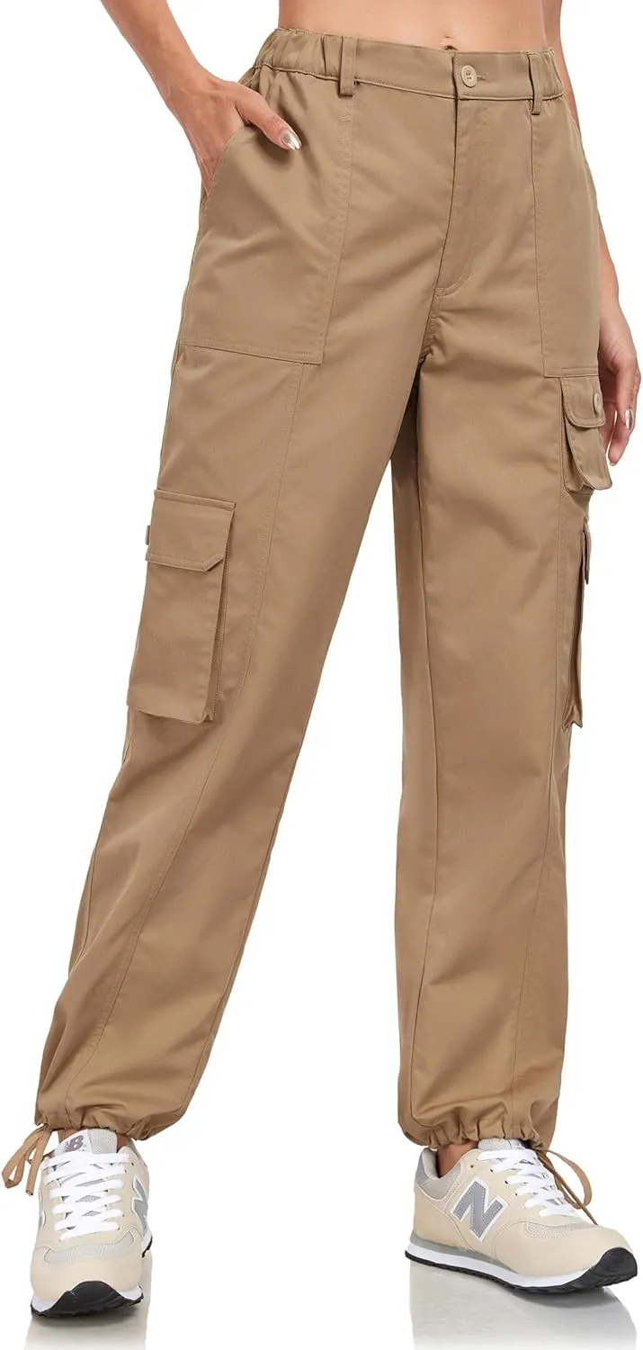 Women's Cargo Work Pants Elastic Waist Straight Leg Casual Travel Hiking Pants Loose Cotton Military Pants 7 Pockets