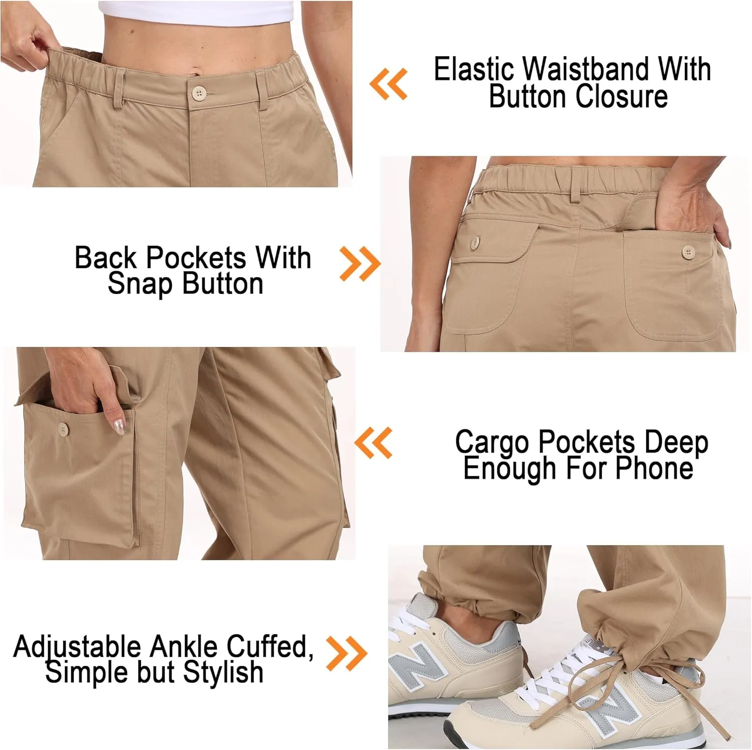 Women's Cargo Work Pants Elastic Waist Straight Leg Casual Travel Hiking Pants Loose Cotton Military Pants 7 Pockets
