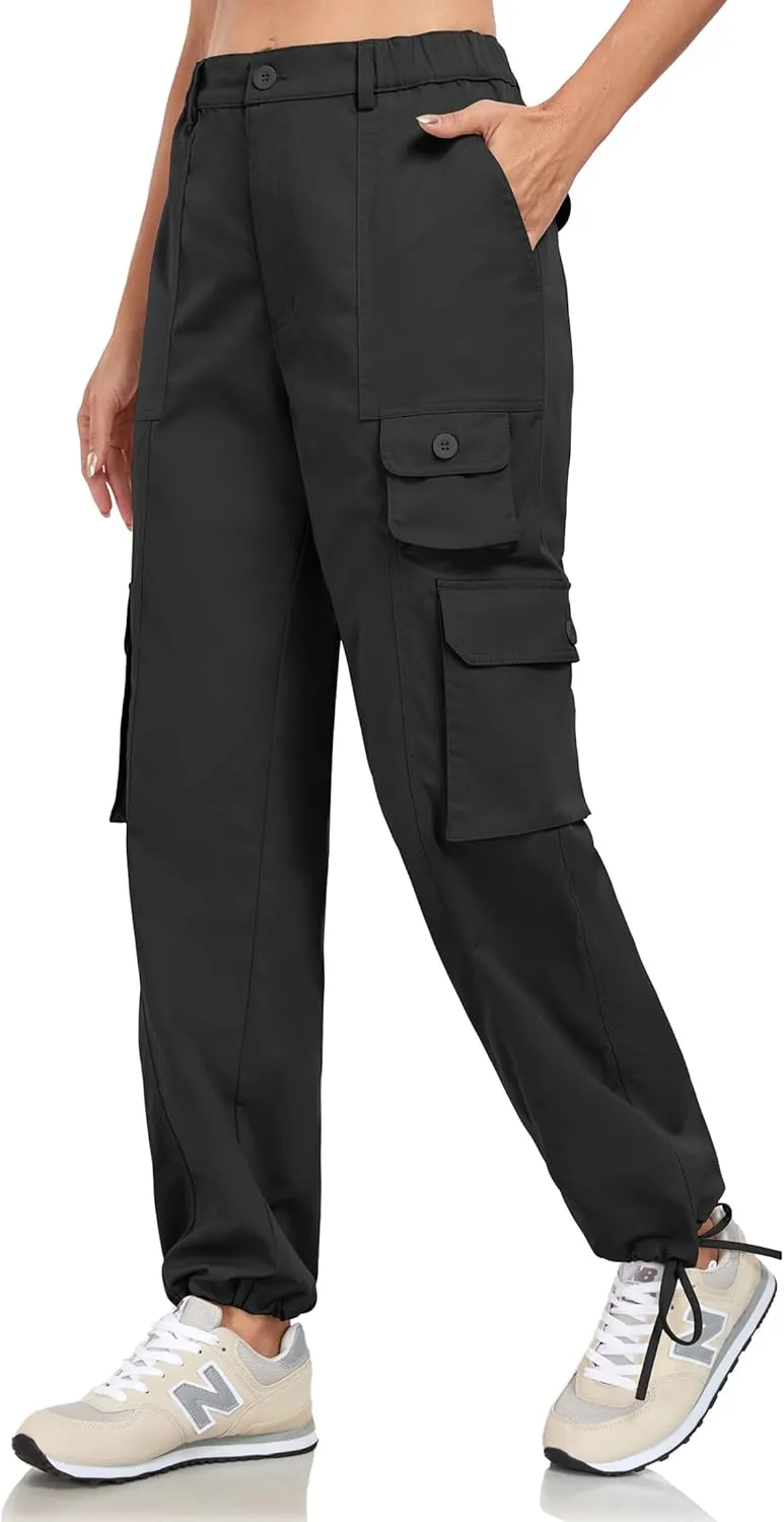 Women's Cargo Work Pants Elastic Waist Straight Leg Casual Travel Hiking Pants Loose Cotton Military Pants 7 Pockets