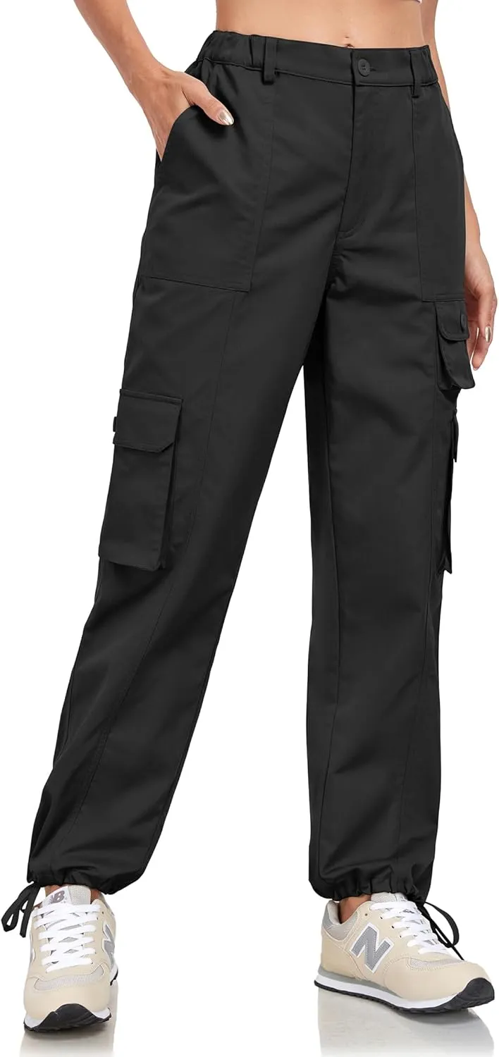 Women's Cargo Work Pants Elastic Waist Straight Leg Casual Travel Hiking Pants Loose Cotton Military Pants 7 Pockets