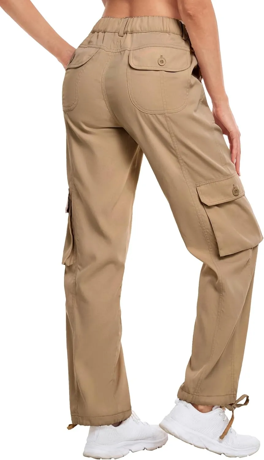 Women's Cargo Work Pants Elastic Waist Straight Leg Casual Travel Hiking Pants Loose Cotton Military Pants 7 Pockets