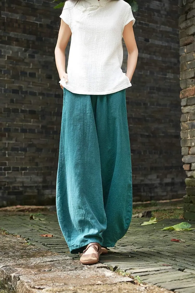 Women's Casual Cotton Linen Baggy Pants with Elastic Waist Relax Fit Lantern Trouser Ramie Wide Leg Trousers