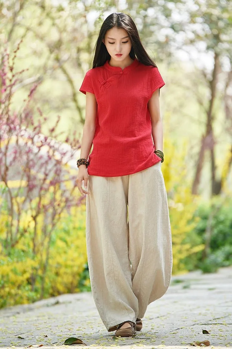 Women's Casual Cotton Linen Baggy Pants with Elastic Waist Relax Fit Lantern Trouser Ramie Wide Leg Trousers