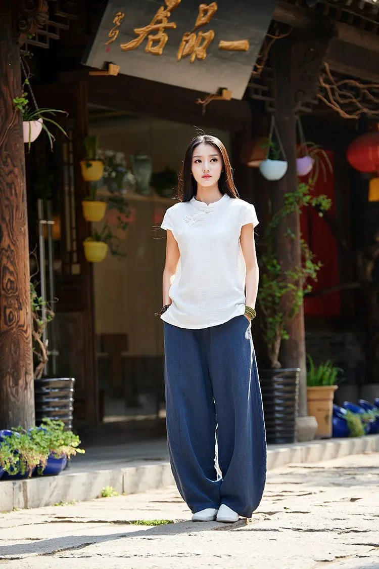 Women's Casual Cotton Linen Baggy Pants with Elastic Waist Relax Fit Lantern Trouser Ramie Wide Leg Trousers
