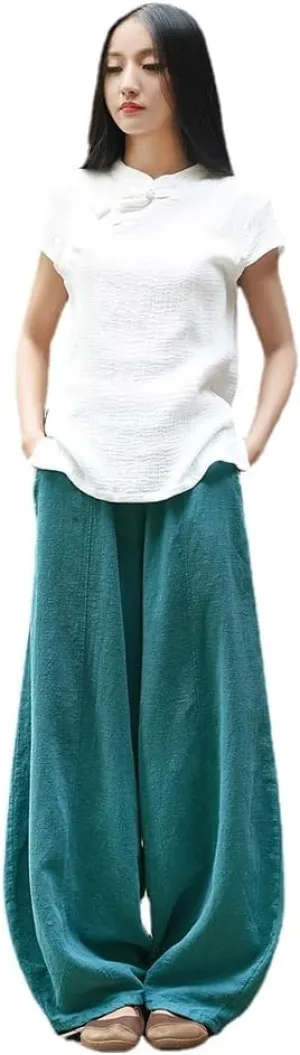 Women's Casual Cotton Linen Baggy Pants with Elastic Waist Relax Fit Lantern Trouser Ramie Wide Leg Trousers
