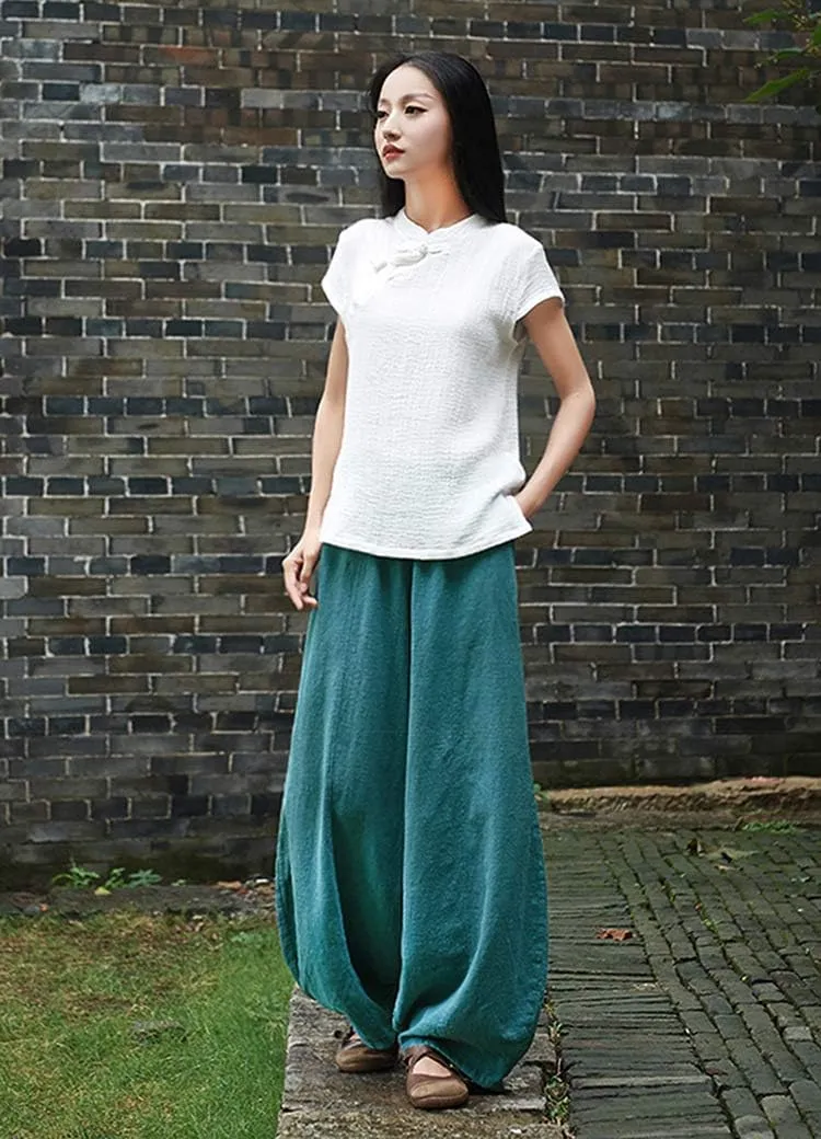 Women's Casual Cotton Linen Baggy Pants with Elastic Waist Relax Fit Lantern Trouser Ramie Wide Leg Trousers