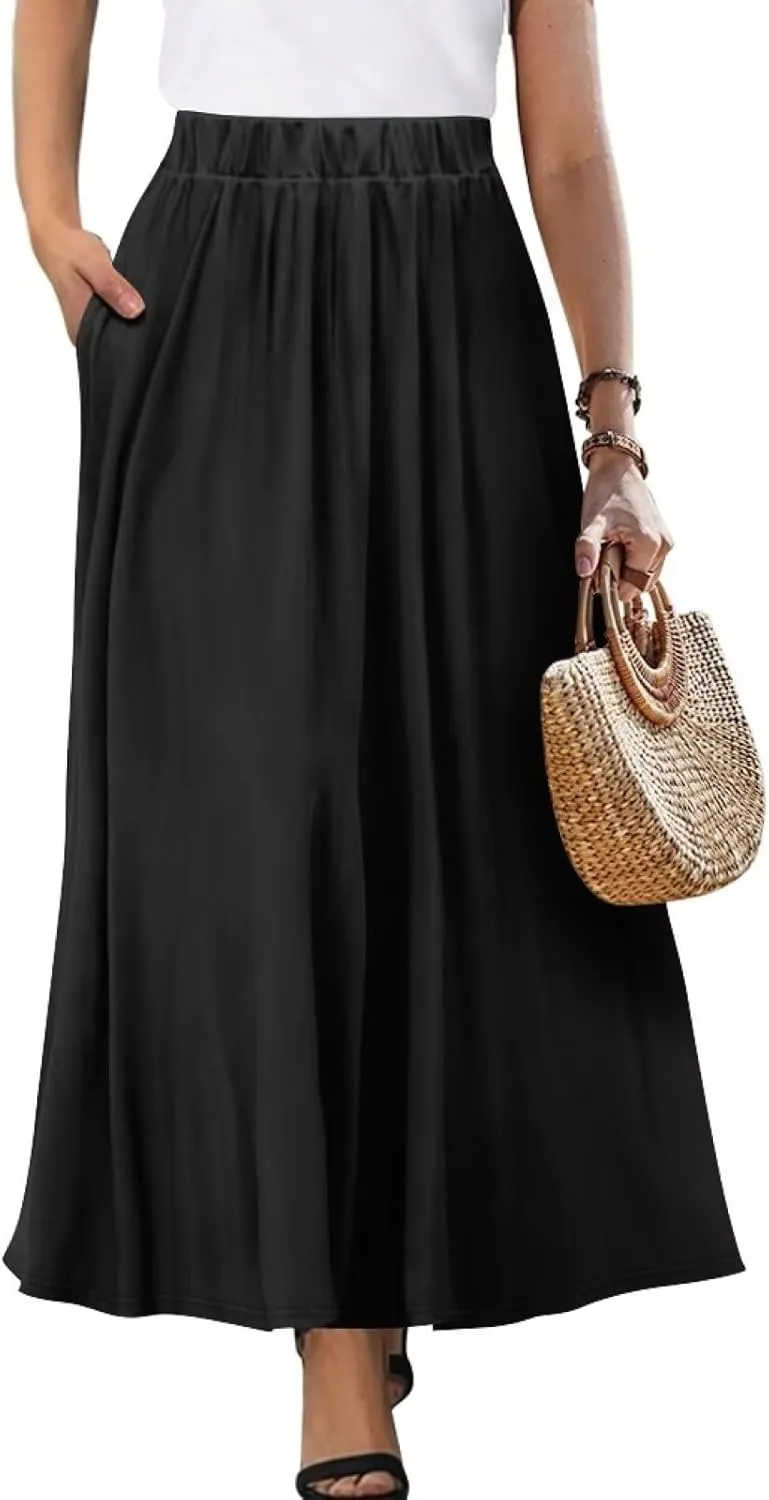 Womens Casual High Waist Skirt Elastic Ankle Length Summer Long Maxi Skirts Dress with Pockets Size S-2XL