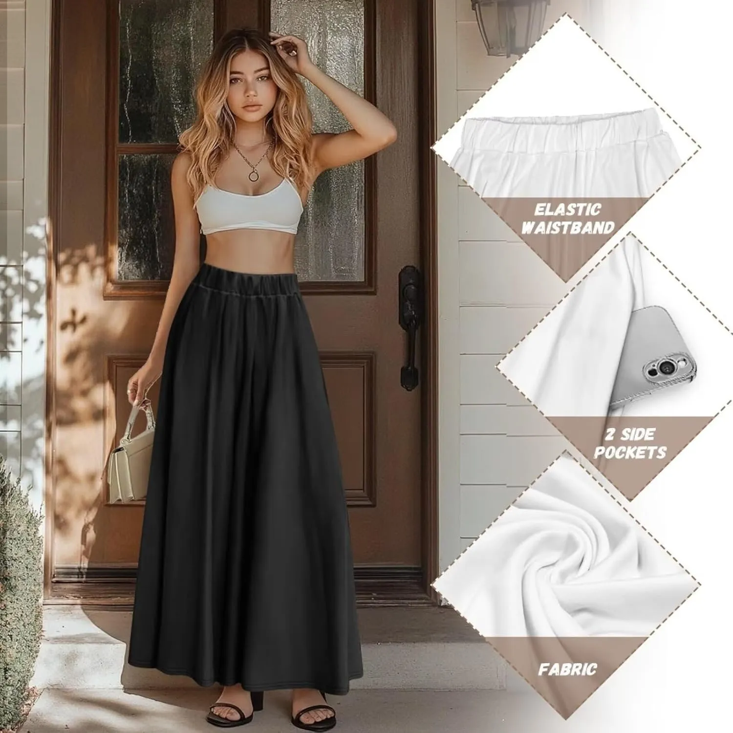 Womens Casual High Waist Skirt Elastic Ankle Length Summer Long Maxi Skirts Dress with Pockets Size S-2XL