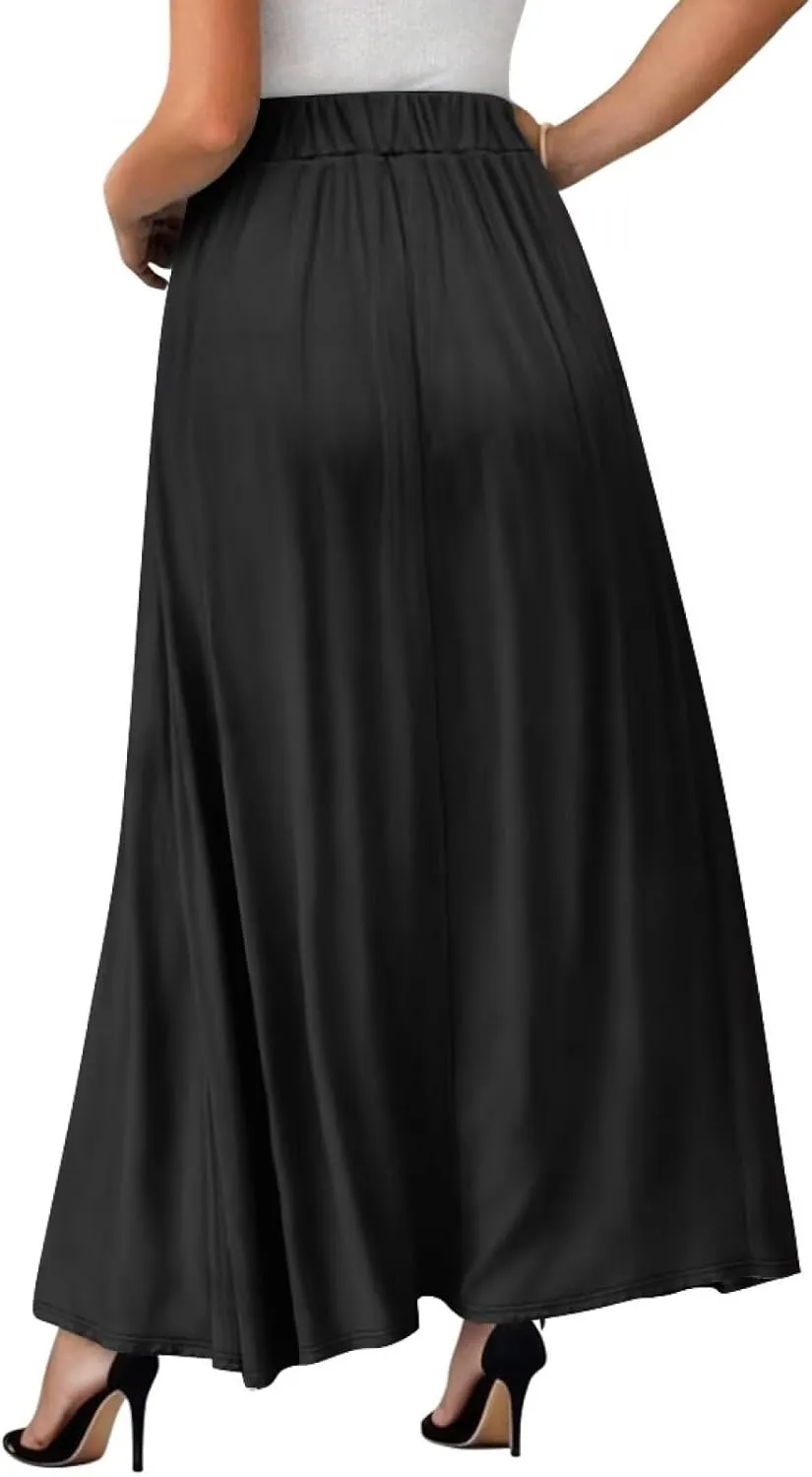 Womens Casual High Waist Skirt Elastic Ankle Length Summer Long Maxi Skirts Dress with Pockets Size S-2XL