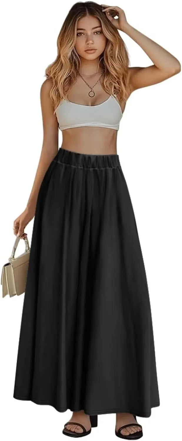 Womens Casual High Waist Skirt Elastic Ankle Length Summer Long Maxi Skirts Dress with Pockets Size S-2XL