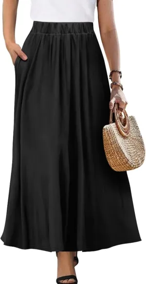 Womens Casual High Waist Skirt Elastic Ankle Length Summer Long Maxi Skirts Dress with Pockets Size S-2XL
