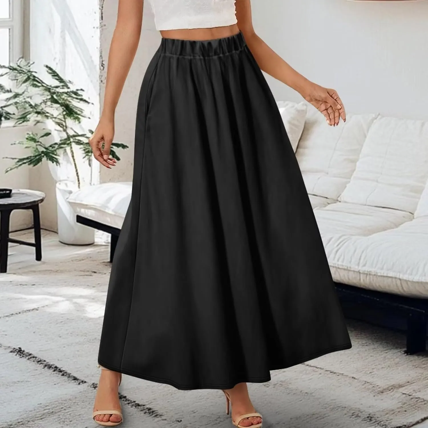 Womens Casual High Waist Skirt Elastic Ankle Length Summer Long Maxi Skirts Dress with Pockets Size S-2XL