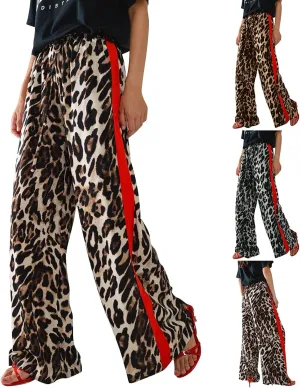 Women's Casual Leopard Pants Drawstring Print Color Block Side Striped Straight Leg Wide Leg Loose Pants