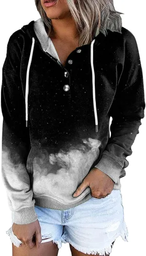 Women's Casual Long Sleeve Hoodies Color Block Button Down Hooded Drawstring Pullover Sweatshirt Tops with Pocket