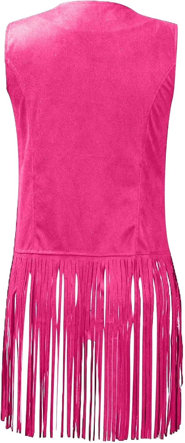 Womens Concert Outfits Fringe Vest Faux Suede Tassels Open Front Sleeveless Jacket 70s Cowgirls Western Hippie Clothes