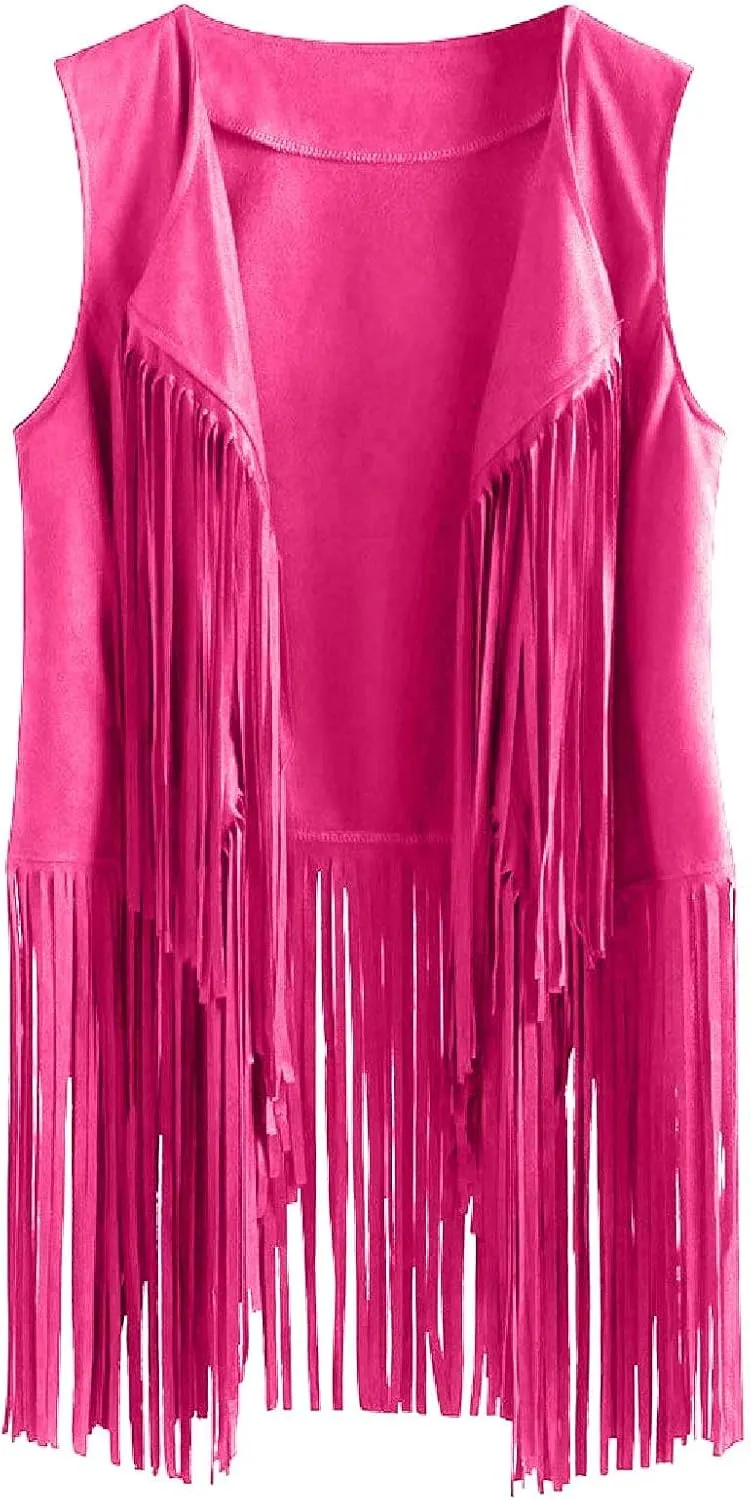 Womens Concert Outfits Fringe Vest Faux Suede Tassels Open Front Sleeveless Jacket 70s Cowgirls Western Hippie Clothes