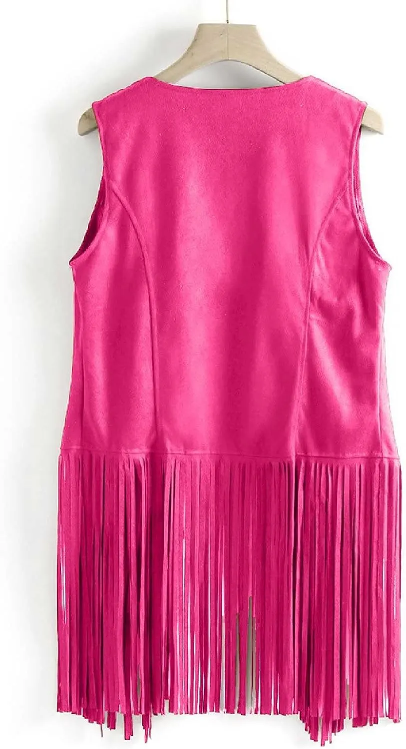 Womens Concert Outfits Fringe Vest Faux Suede Tassels Open Front Sleeveless Jacket 70s Cowgirls Western Hippie Clothes