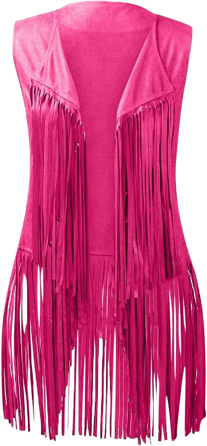 Womens Concert Outfits Fringe Vest Faux Suede Tassels Open Front Sleeveless Jacket 70s Cowgirls Western Hippie Clothes