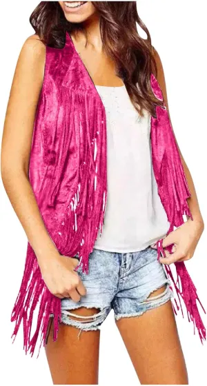 Womens Concert Outfits Fringe Vest Faux Suede Tassels Open Front Sleeveless Jacket 70s Cowgirls Western Hippie Clothes
