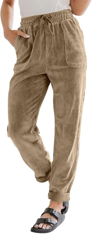 Womens Corduroy Cuffed Pants 2025 Trendy High Waisted Straight Leg Drawstring Trousers Work Office Dress Casual Pants