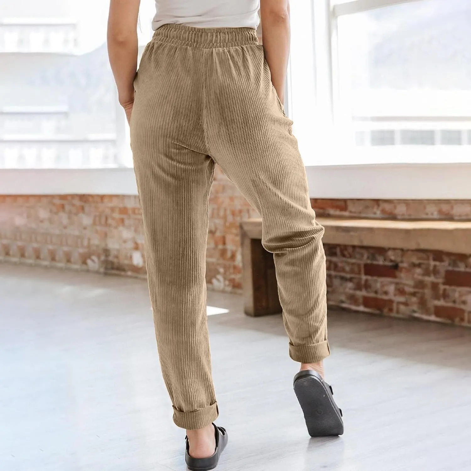 Womens Corduroy Cuffed Pants 2025 Trendy High Waisted Straight Leg Drawstring Trousers Work Office Dress Casual Pants