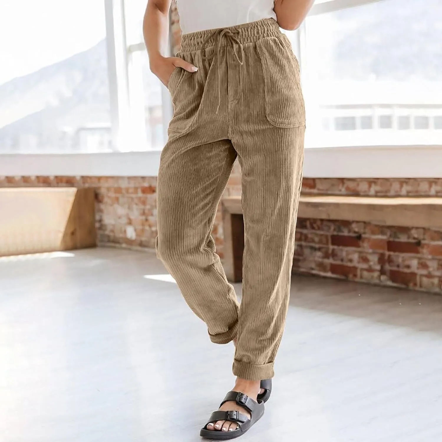 Womens Corduroy Cuffed Pants 2025 Trendy High Waisted Straight Leg Drawstring Trousers Work Office Dress Casual Pants