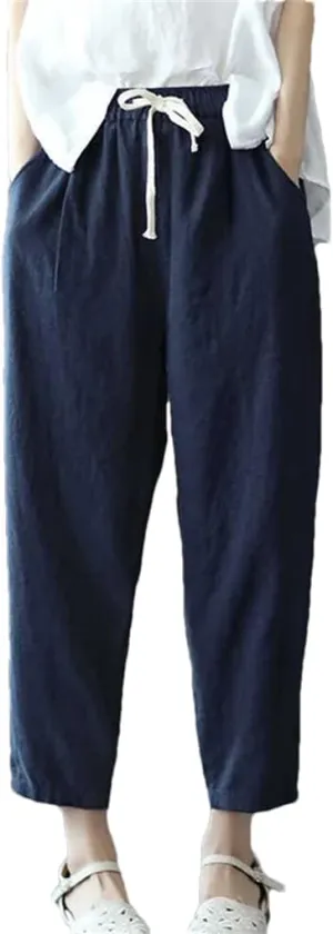 Women's Cotton and Linen Pocket Loose Harem Pants Solid Color Elastic Waist Casual Pants