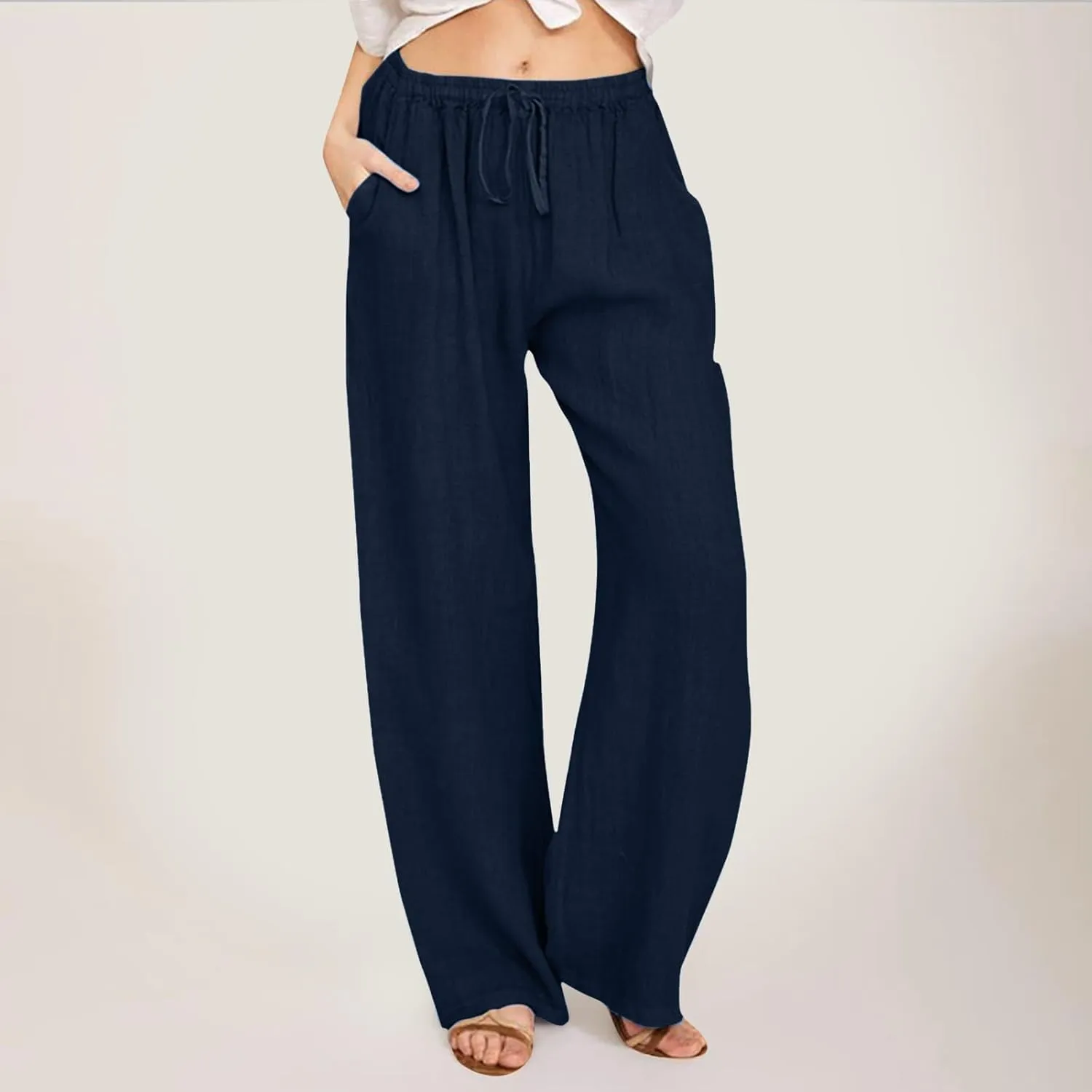 Women's Cotton Linen Pants Elastic Waist Trousers Casual Lightweight Pant Drawstring Wide Leg Pant Summer Beach Pant