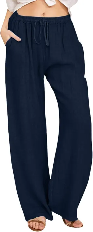 Women's Cotton Linen Pants Elastic Waist Trousers Casual Lightweight Pant Drawstring Wide Leg Pant Summer Beach Pant