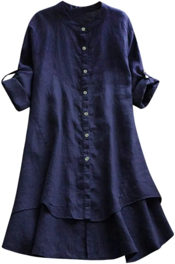 Women's Cotton Linen Shirt Button Down Long Hoodie Dress Blouse Long Sleeve Lightweight Soft Sleepwear Tunic Tops