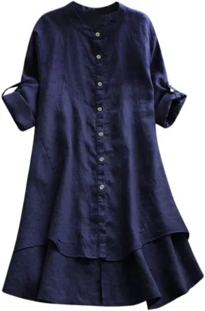 Women's Cotton Linen Shirt Button Down Long Hoodie Dress Blouse Long Sleeve Lightweight Soft Sleepwear Tunic Tops