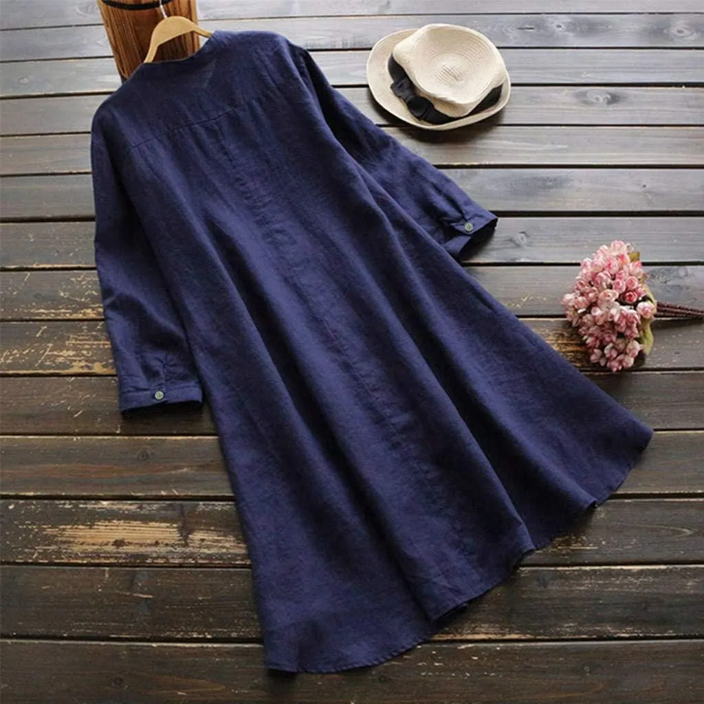 Women's Cotton Linen Shirt Button Down Long Hoodie Dress Blouse Long Sleeve Lightweight Soft Sleepwear Tunic Tops