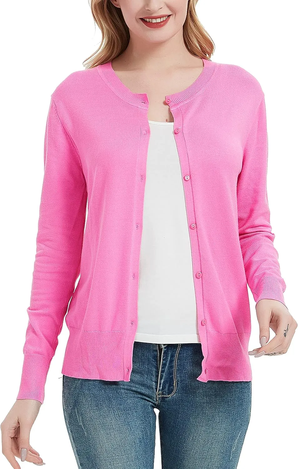 Women's Crew Neck Button Down Long Sleeve Cardigan Sweater