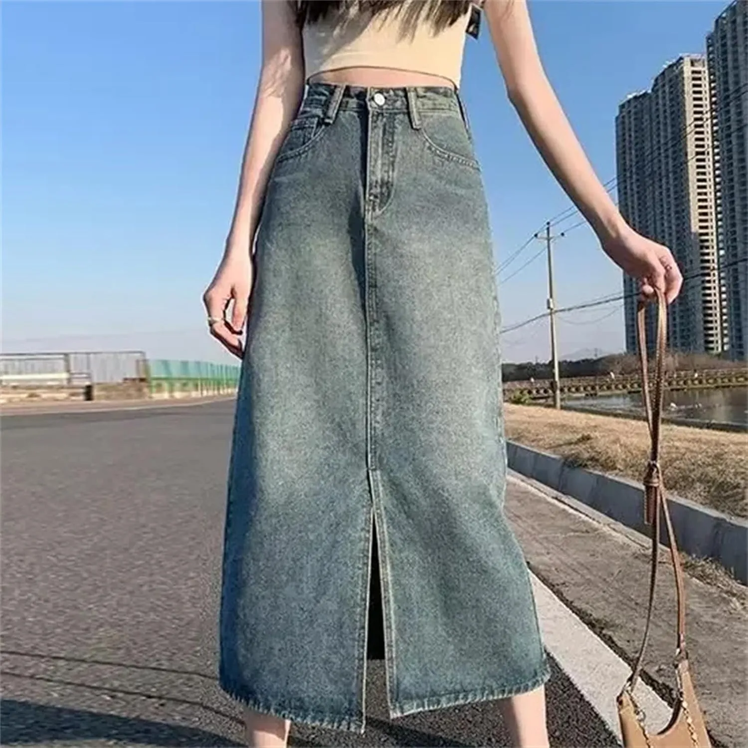 Women's Denim Skirt  Summer High-Waisted A-Line Petite Side Slit Half Dress