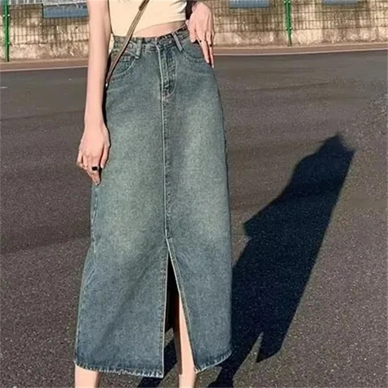 Women's Denim Skirt  Summer High-Waisted A-Line Petite Side Slit Half Dress