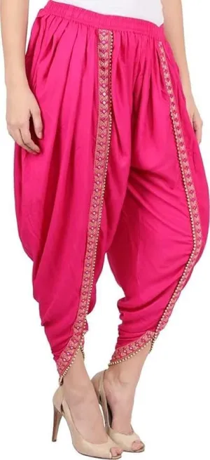 Women's Dhoti Harem Pants with Embroidered Detail, Black, Free Size 28-36 Waist