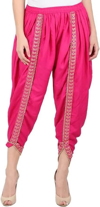 Women's Dhoti Harem Pants with Embroidered Detail, Black, Free Size 28-36 Waist
