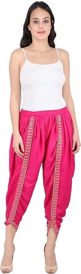 Women's Dhoti Harem Pants with Embroidered Detail, Black, Free Size 28-36 Waist