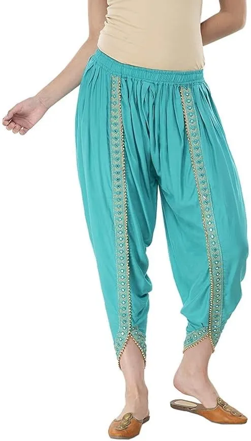 Women's Dhoti Harem Pants with Embroidered Detail, Black, Free Size 28-36 Waist