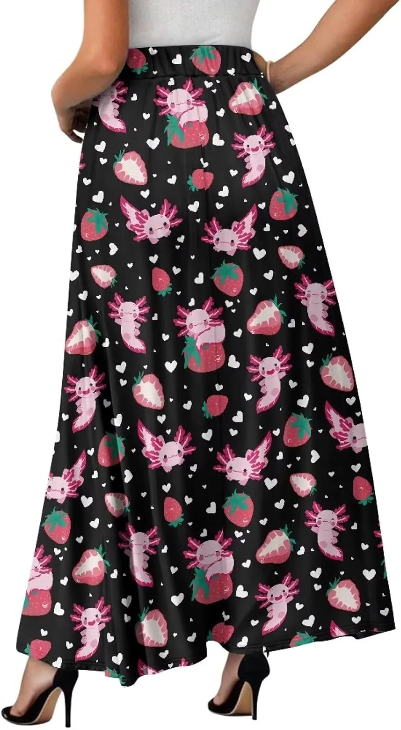 Women's Elastic High Waist Maxi Skirts Full/Ankle Length Flowy Skirt with Pockets Casual Print A Line Long Skirt
