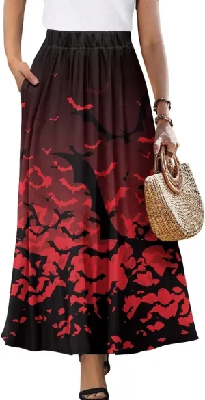 Women's Elastic High Waist Maxi Skirts Full/Ankle Length Flowy Skirt with Pockets Casual Print A Line Long Skirt