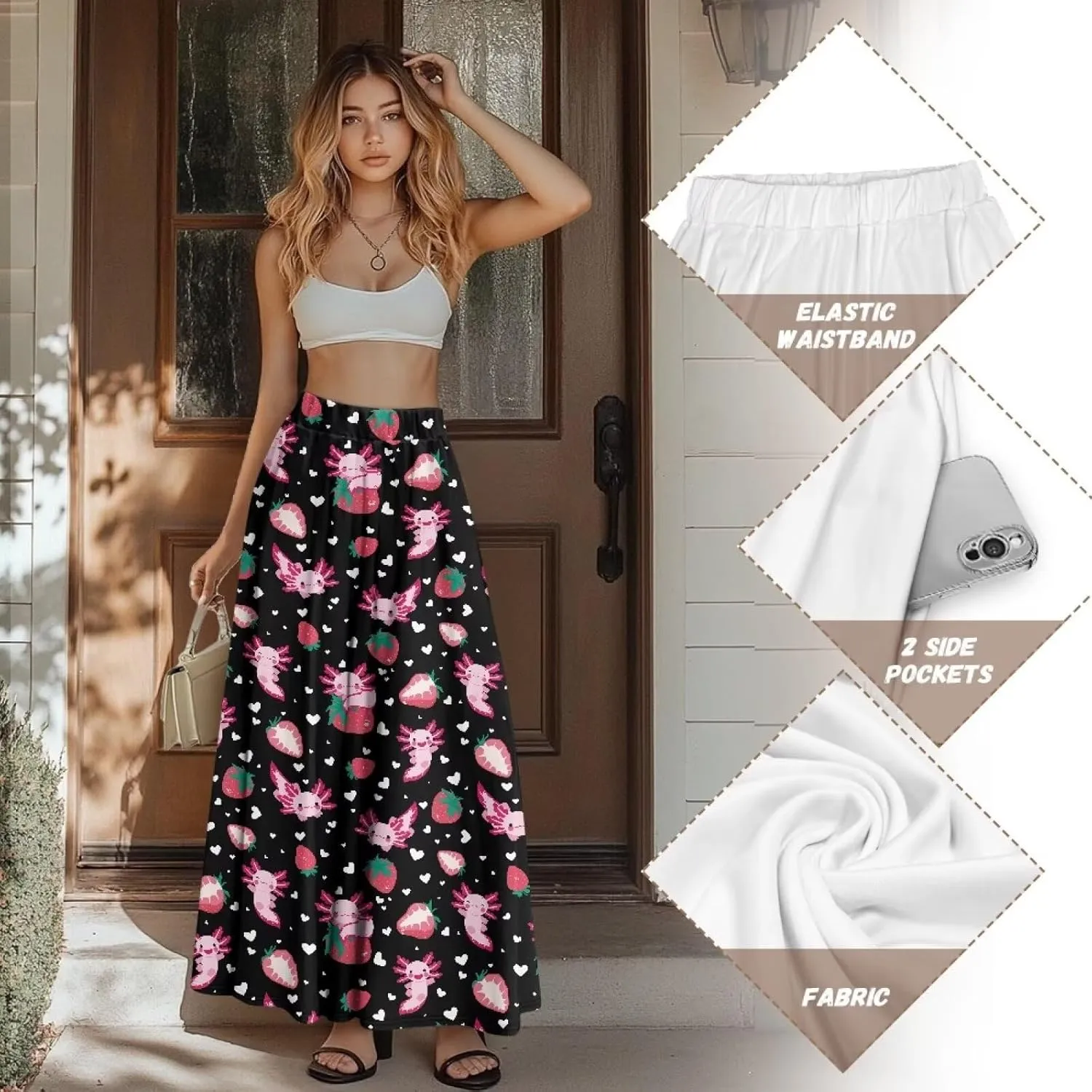 Women's Elastic High Waist Maxi Skirts Full/Ankle Length Flowy Skirt with Pockets Casual Print A Line Long Skirt