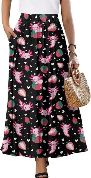 Women's Elastic High Waist Maxi Skirts Full/Ankle Length Flowy Skirt with Pockets Casual Print A Line Long Skirt
