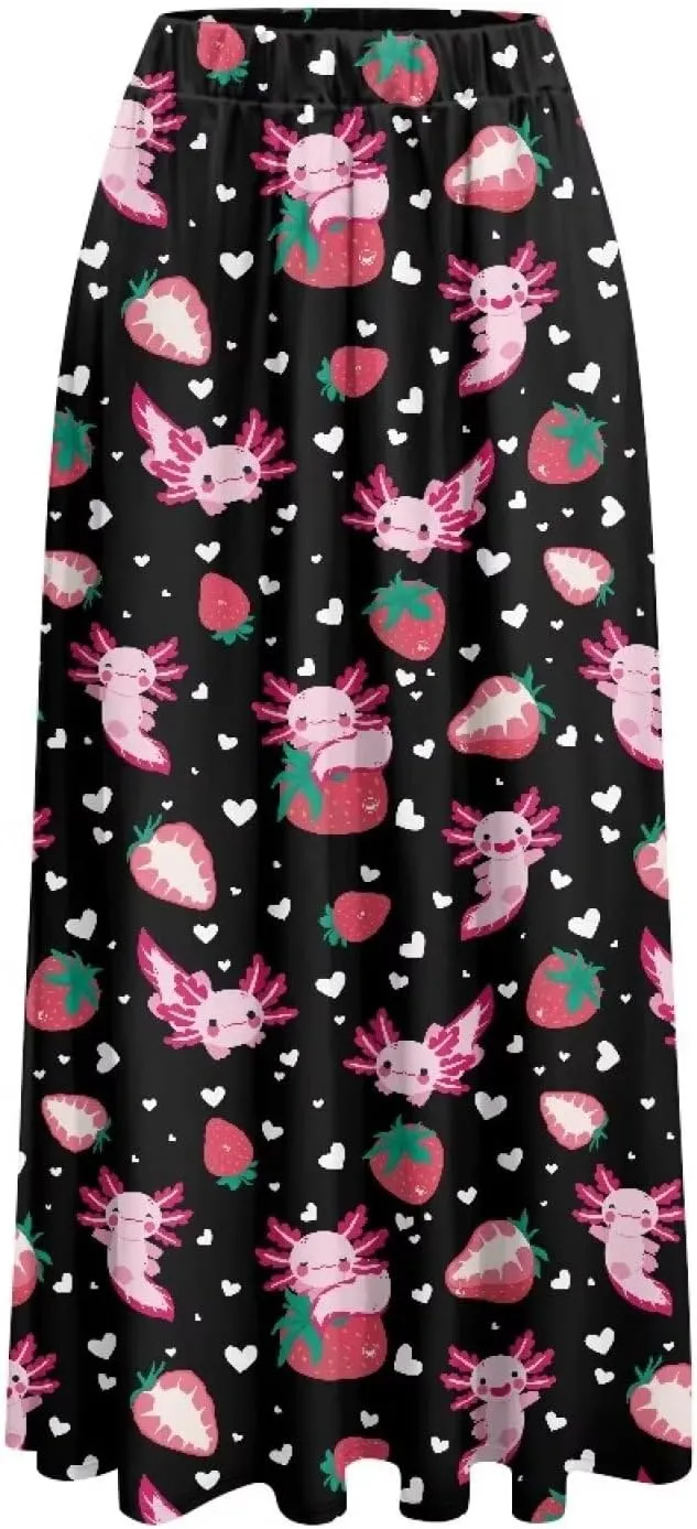 Women's Elastic High Waist Maxi Skirts Full/Ankle Length Flowy Skirt with Pockets Casual Print A Line Long Skirt