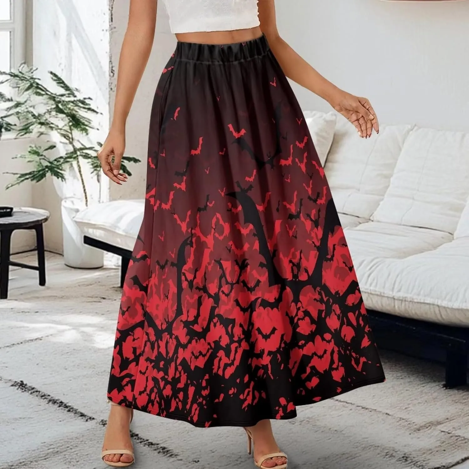 Women's Elastic High Waist Maxi Skirts Full/Ankle Length Flowy Skirt with Pockets Casual Print A Line Long Skirt